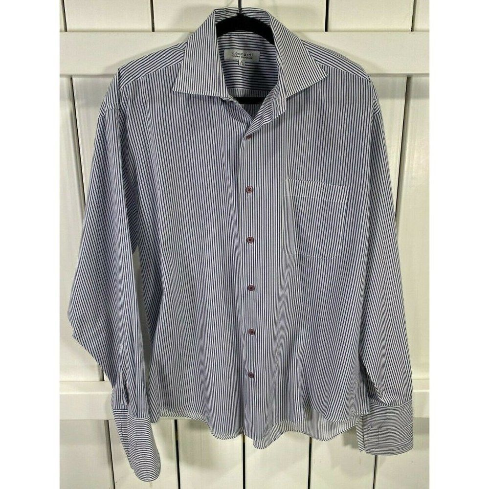 Leonardi Coutore Men's Dress Shirt - French Cuffs Blue/White Stripes XL 17-17.5